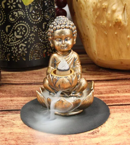 Vista 8 de Ebros Eastern Enlightenment Little Baby Jizo Buddha con cabeza Ushnisha sentado en flor de loto, quemador de incienso, quemador de incienso, estatua