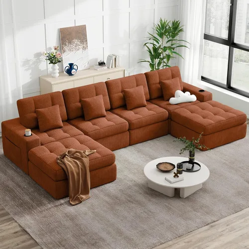 Vista 23 de Sofá modular sin hueso de nube de 112 pulgadas en forma de L, moderno sofá modular con cojín en capas, sofás de pana convertibles sin montaje