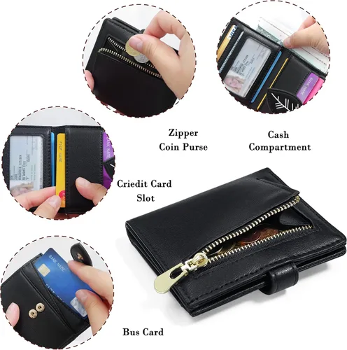 Vista 5 de CONISY Cartera pequeña para mujer, con bloqueo RFID, de piel, delgada, plegable, bolsillo frontal, cartera para mujer con cremallera, Negro