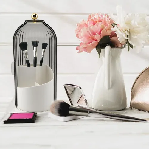Vista 4 de Soporte para brochas de maquillaje con tapa, organizador de herramientas cosméticas de apertura deslizante giratoria de 360°, organizador de brochas