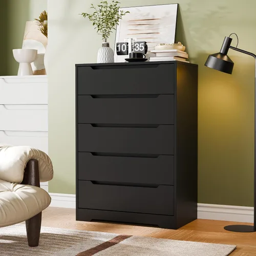 Vista 2 de Cozy Castle - Cómoda de 5 cajones, cómoda moderna de madera con gran organizador, gabinete de almacenamiento con acento de madera para sala de Negro