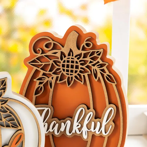 Vista 7 de Glitzhome Juego de 2 decoraciones de calabaza de madera de Acción de Gracias (6 pulgadas y 8 pulgadas de alto) – Decoración de mesa de granja