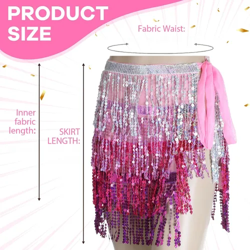 Vista 3 de Sureio Belly Dance Sequins Skirt for Waist Circumference 31.5 Inch Christmas Sparkly Fringe Skirt Heart Sunglasses for Women