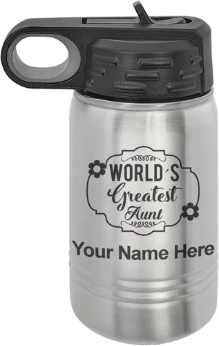 Vista 41 de LaserGram Botella de agua con tapa abatible de doble pared de 12 onzas con pajilla, la tía más grande del mundo, grabado personalizado incluido Negro