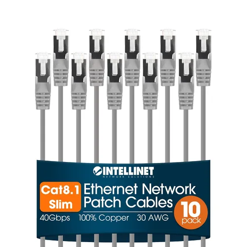 Vista 11 de Intellinet - Cable Ethernet Cat8.1 Slim U/FTP RJ45, paquete de 10 unidades Negro