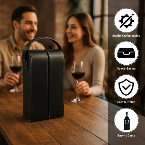 Vista 3 de Bey-Berk Portabotellas de vino de cuero negro, estuche de viaje de dos botellas con asa, cierre de cremallera y juego de herramientas de sacacorchos