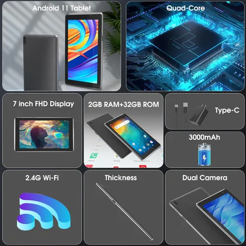 Vista 2 de Tablet de 7 pulgadas, Tablet Android con, 2GB+32GB+1TB (Expandible), Quad-Core, BT, Wi-Fi, Educativa, Música, Cámara Dual