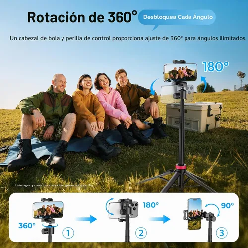 Vista 4 de ULANZI 0.01s Auto Pop - Trípode abierto para teléfono con control remoto, MT44B 59 pulgadas Selfie Stick trípode con doble montaje para teléfono