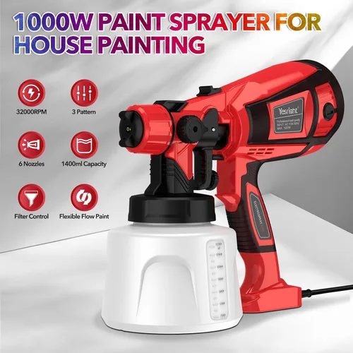 Vista 2 de Pulverizador de pintura de 1000 W para pintura de casa, pistola de pintura en aerosol de 32000 RPM con 3 patrones ajustables, pistola