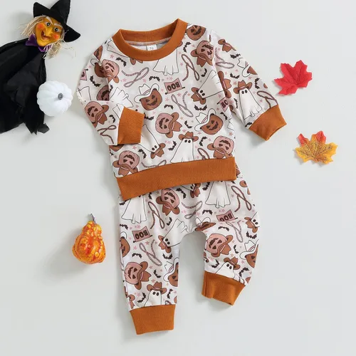 Vista 2 de Kayotuas Conjunto de camisa y pantalones de manga larga con cuello redondo para bebé, disfraz de calabaza, fantasma, calabaza, fantasma, camiseta