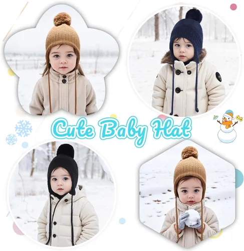 Vista 2 de Gorros de invierno para niña con forro polar para niños, gorro de punto con orejeras con pompón, de 0 a 8 años