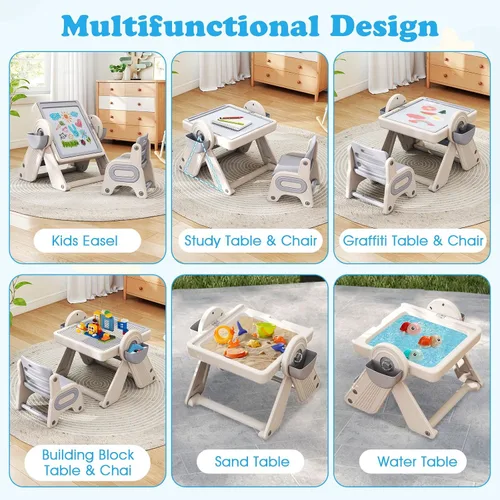 Vista 20 de Costzon Juego de mesa y silla 6 en 1 para niños, caballete de arte plegable con marcadores, borrador, 102 ladrillos compatibles, mesa de bloques