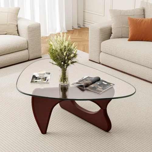Vista 11 de Mesa de centro de cristal triangular moderna de mediados de siglo para sala de estar, mesa auxiliar minimalista para dormitorio, oficina y recepción