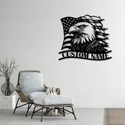 Vista 7 de Letrero de metal personalizado de águila y bandera estadounidense, arte de pared patriótico con nombre personalizado, decoración de hierro