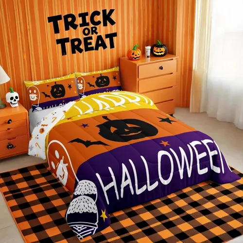 Vista 24 de Feelyou Juego de edredón de calabaza para todas las estaciones, decoración de Halloween, juego de ropa de cama con 1 funda de almohada, microfibra
