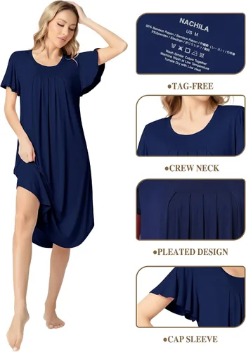 Vista 3 de NACHILA Nightgowns for Women-Viscose Made from Bamboo, Short Sleeve Nightgown V Neck Nightshirt Soft Sleepwear Dress
