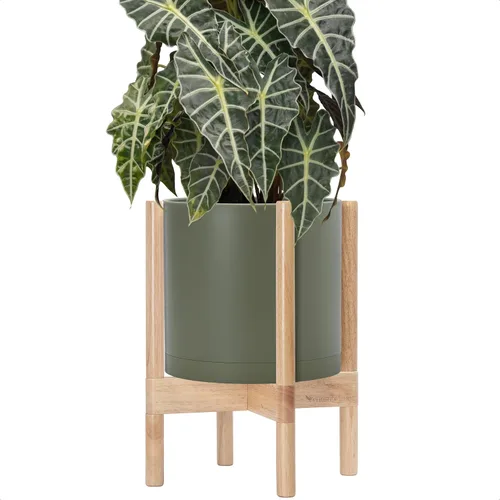 Vista 53 de Maceta de D'vine Dev con soporte - Maceta de flores de cilindro de plástico de 8.0 pulgadas con soporte de madera para interiores, maceta mate negra