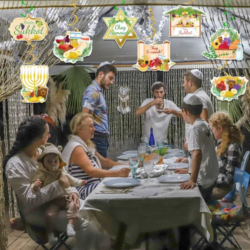 Vista 6 de 38 espirales colgantes de Sukkot feliz, Chag Sameach Party Foil Ceiling Swirls Streams, Happy Sukkah Sukkot Decoraciones para celebración judía