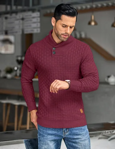 Vista 3 de COOFANDY Suéter de punto con cuello de chal para hombre, estilo casual, ajustado, con botones, texturizado