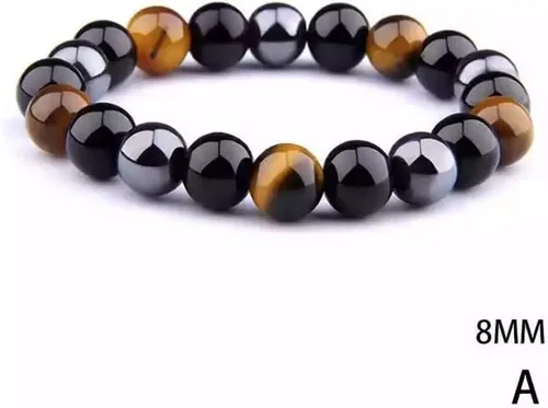 Vista 2 de InfinityAK - Pulsera elástica con cuentas de hematita y ojo de tigre de obsidiana negra