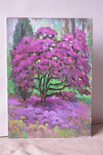 Vista 2 de Rhododendron bush in the garden - The original, unique, high quality Landscape oil painting by artist Vera Bondare 2022, Handmade artwork, Wall Art