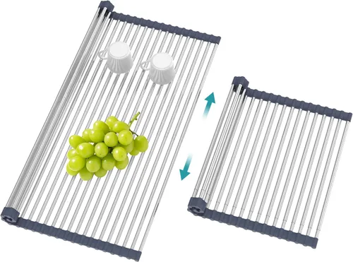 Vista 7 de BBXTYLY Estante Extra Expandible Enrollable para Secar Platos, Cubierta de Fregadero sobre el Lavabo, Accesorios de Cocina, Escurridor Enrollable
