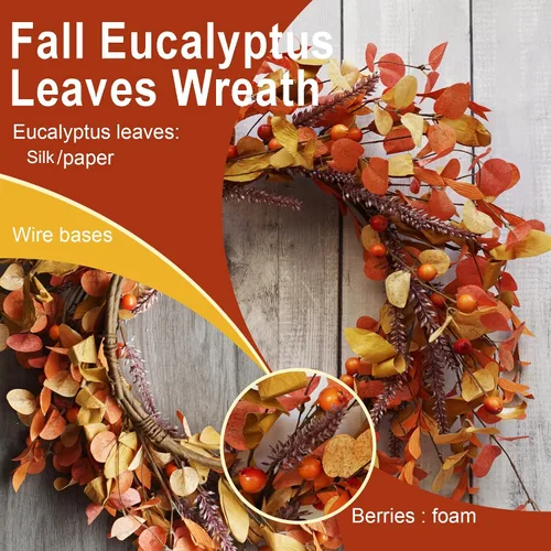 Vista 2 de Corona de otoño de 20 pulgadas para puerta delantera, decoración de otoño con hojas de eucalipto naranja, coronas rústicas de cosecha de Acción