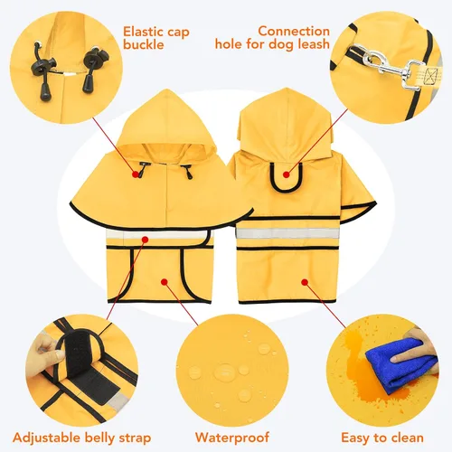 Vista 4 de Chubasquero Reflectante Impermeable para Perros - Chaqueta Ligera de Lluvia para Perros con Capucha, Abrigo de Lluvia Ajustable para Mascotas