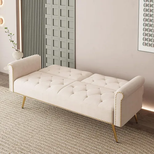 Vista 5 de Sofá Cama Futón de Terciopelo Moderno 2 en 1, Sofá Cama Plegable Convertible con 2 Almohadas, Loveseat Reclinable Acolchado de 63" con Patas de Beige