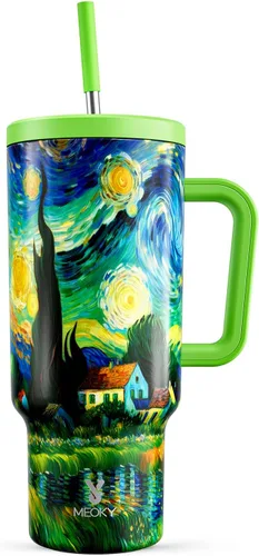 Vista 43 de Meoky - Vaso de 30 oz con asa, tapa y pajilla, taza de viaje térmica de acero inoxidable 100% a prueba de fugas, para portavasos, mantiene el frío