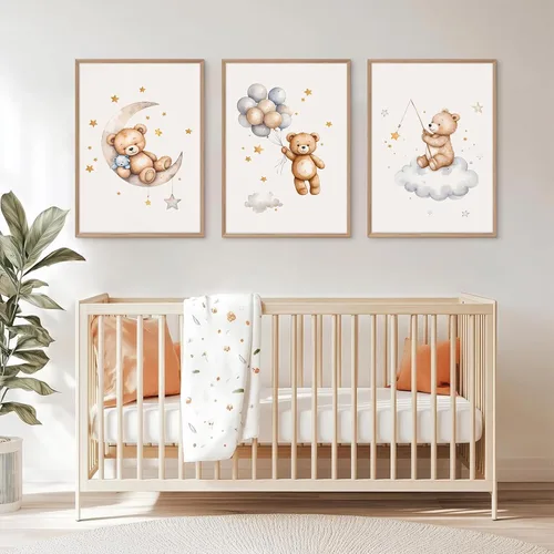 Vista 3 de Baccone Arte de pared para habitación de guardería con oso de peluche, póster para habitación de bebé niño o niña, decoración de pared de guardería
