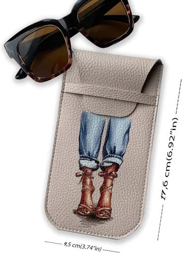 Vista 3 de Funda de gafas de sol beige para mujer, funda de gafas de sol, cuero ecológico, ilustración de moda