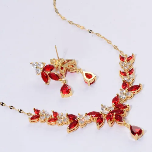 Vista 4 de Juego de joyas de novia para boda Juego de aretes colgantes de hojas colgantes con forma de lágrima y circonita cúbica para mujer, Gema, Circonita