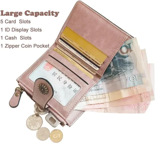 Vista 2 de Billetera para mujer, plegable, con bloqueo RFID, de cuero, tarjetero compacto con bolsillo para monedas con cremallera, Rosa, Cartera de cuero