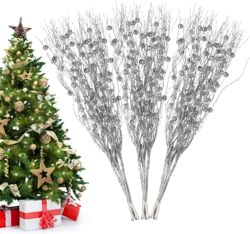 Vista 12 de Losris Decoración de tallos de bayas artificiales con purpurina para Navidad, palitos decorativos de cuentas, picks de Navidad, ramitas y ramas