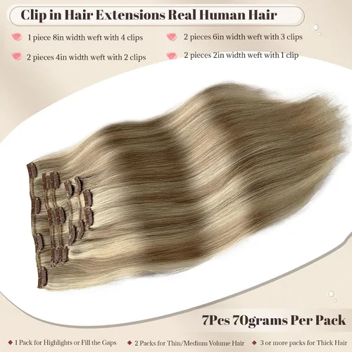Vista 2 de Extensiones de cabello rubio ceniza con reflejos, extensiones de cabello humano real con clip, de 12 pulgadas, 2.47 onzas, doble trama, invisible