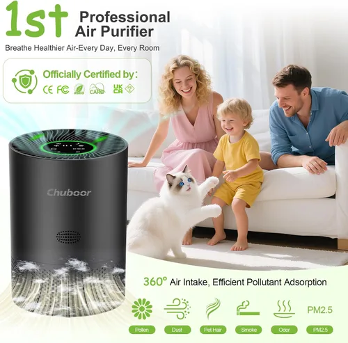 Vista 2 de Chuboor Purificadores de aire para habitaciones grandes del hogar, H13 True HEPA para dormitorio, habitación, mascotas, cocina, baño, con Negro