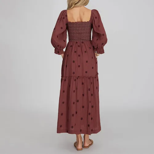 Vista 9 de Vestido largo bordado floral para mujer, manga larga abombada, cuello cuadrado, fruncido y escalonado, vestido largo bohemio fluido