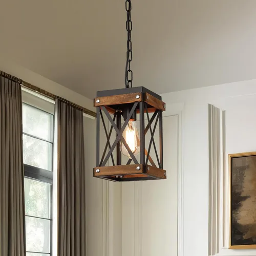 Vista 7 de Accesorio de Lámpara Colgante de Madera Rústica de Granja, Una Luz con Cadena Ajustable, Jaula de Linterna de Madera de Roble y Metal, Iluminación