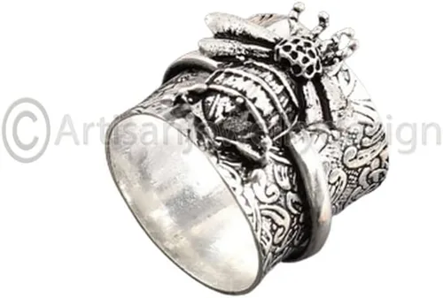 Vista 2 de Honey Bee Spinner Ring for Women, Handmade 925 Sterling Silver Jewelry, Fidget Meditation Band Ring, Boho Statement Ring, Unique Wedding Gift