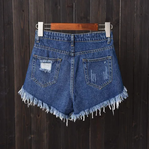Vista 3 de Swbreety Pantalones cortos de mezclilla elásticos con dobladillo deshilachado y cintura alta para mujer