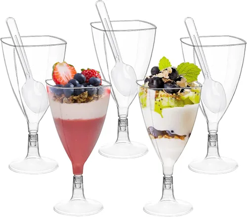 Vista 3 de Foraineam Paquete de 100 tazas transparentes de postre con cucharas, copas de vino de plástico, copas de champán de plástico de 7 onzas, copas