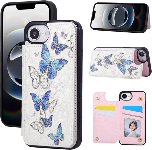 Vista 72 de UEEBAI Funda tipo cartera para iPhone 13 con tarjeteros, piel sintética, diseño floral, función atril, bloqueo RFID, doble cierre magnético, funda