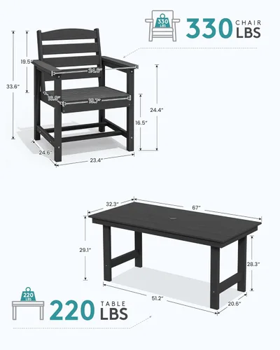 Vista 4 de SERWALL Juego de mesa de comedor de 7 piezas, muebles de comedor de polietileno de alta densidad para exteriores con agujero para paraguas y 6 Negro
