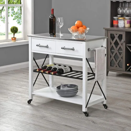Vista 10 de FirsTime & Co. Carrito de cocina Aurora blanco y marrón, barra de café y soporte para microondas, isla sobre ruedas con almacenamiento, madera