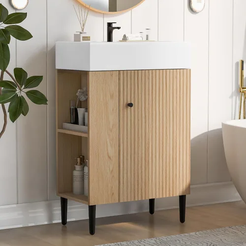 Vista 14 de Harper & Bright Designs Tocador de baño de 21.6" con lavabo, conjunto de tocador independiente de lavabo individual con gabinete de almacenamiento