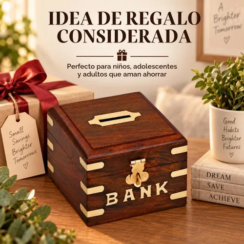 Vista 8 de Ajuny Banco de dinero de madera, hecho a mano, forma cuadrada, decorativa