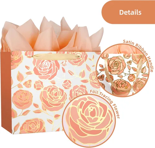 Vista 6 de DecorWoo Bolsa de regalo grande de oro rosa de 13 pulgadas, bolsa de regalo floral con papel de seda y tarjeta de felicitación, elegantes bolsas