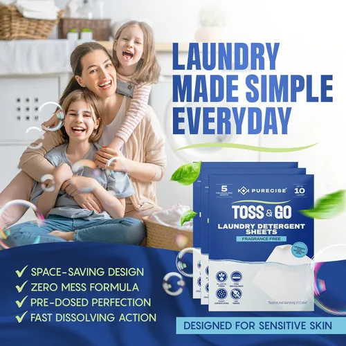 Vista 2 de Purecise Hojas de detergente para ropa de viaje, sin fragancia, 30 cargas, paquete de 3 Sábanas Toss & Go sin perfume, suaves para pieles