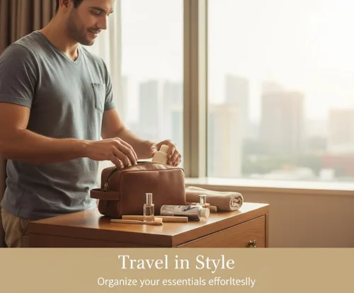 Vista 4 de The Tannery Neceser de cuero genuino para hombres y mujeres, bolsa ligera para unisex, bolsa de maquillaje duradera, el mejor regalo para el día